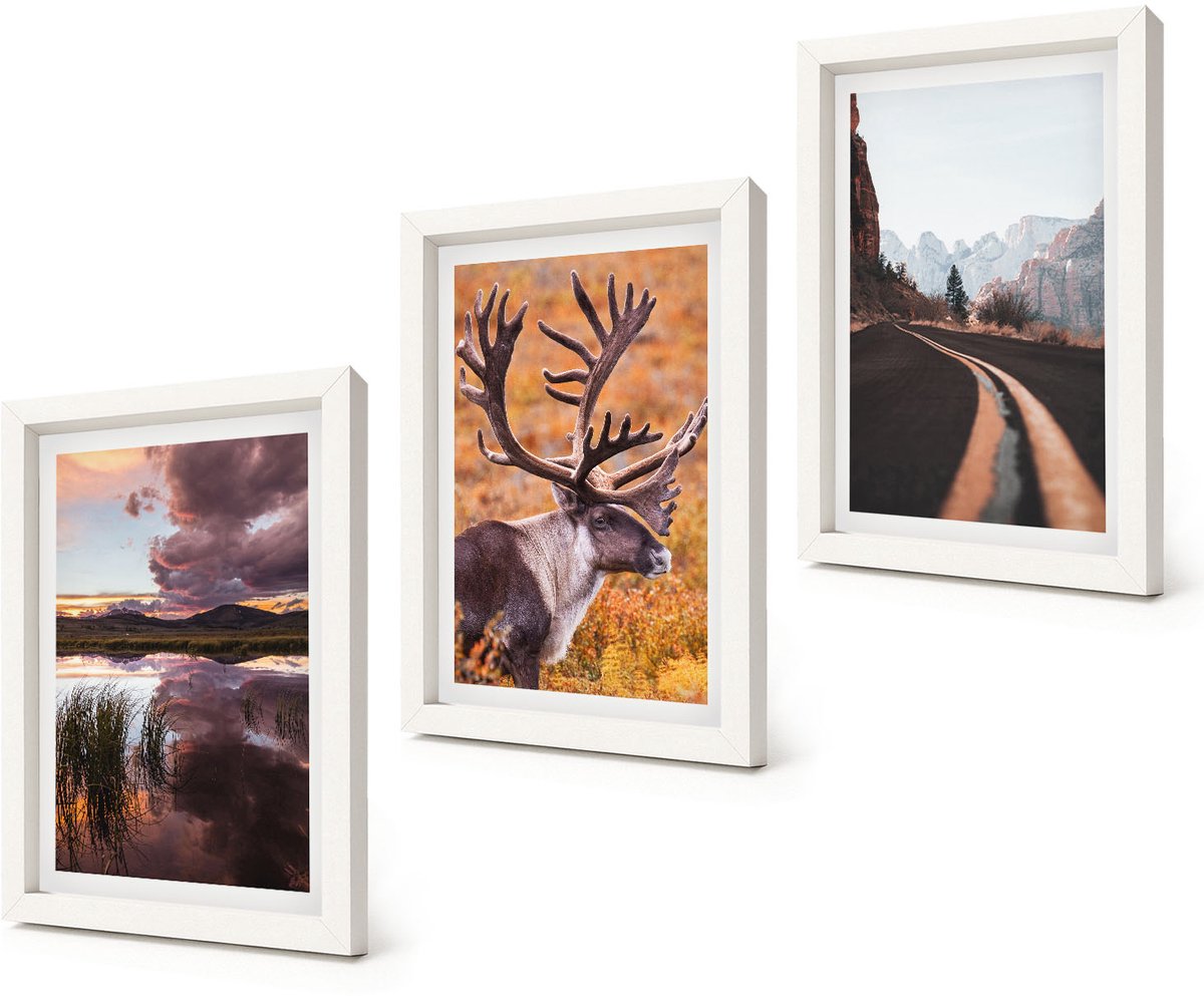 Coloray 3-Delige Schilderij Set - Berglandschappen met rendieren en een weg in de natuur - 20x30 - Muurdecoratie - Schilderijen Set - Woonkamer - Woonkamer Decoratie