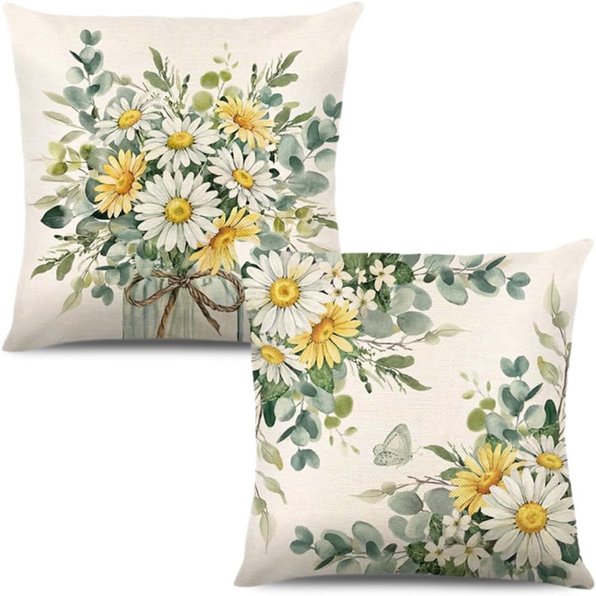 Pack of 2 Cushion Covers Flowers 40x40cm Spring Summer Wild Flowers Pillowcase Polyester Linen Decorative Tulip - ShopVlot