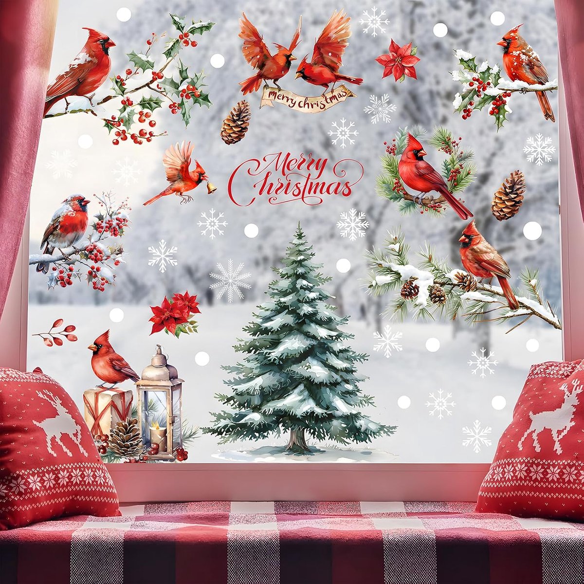 Christmas Flowers Window Stickers, 9 Sheets 2 Packages Winter Birds Pine Branch Clamps Hanging for Xmas Winter Party - ShopVlot