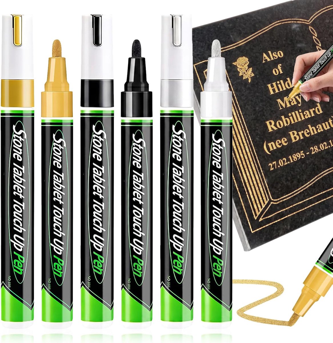 Grafsteenpen, witte grafsteenverf, 6-pack, zwart, goud, wit - ShopVlot