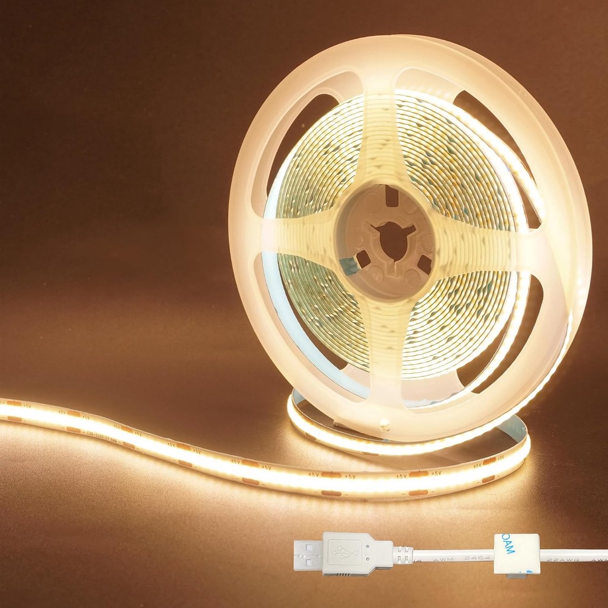 USB LED Strip Licht - Warm Wit - 6.56 ft / 2M - Flexibele COB Strip met USB Connector - Voor Doe-Het-Zelf Interieur