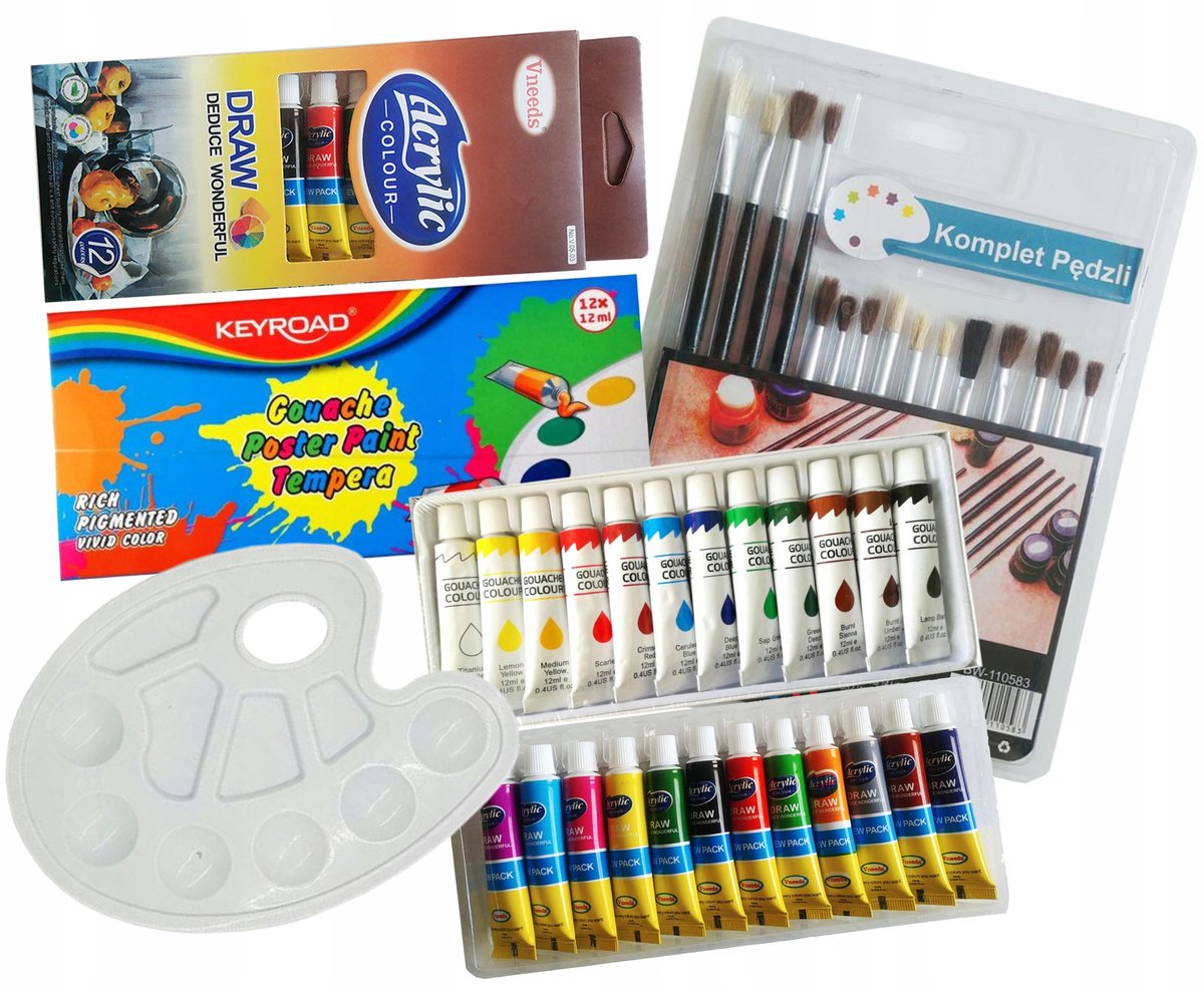 Acrylverf & Gwasjverf Set 24x12ml met Penselen en Palet