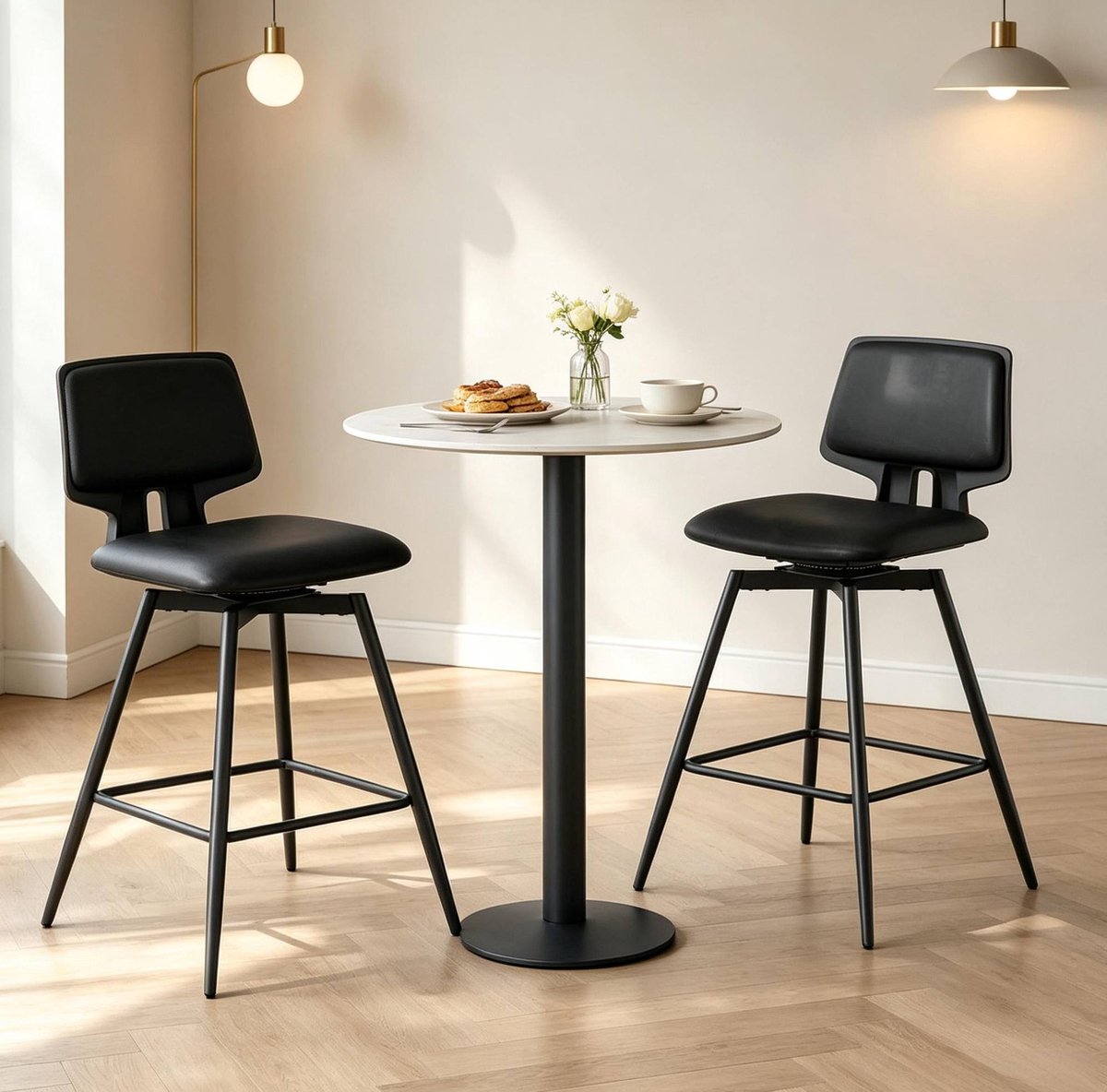 FloraGrace Barkruk Set van 2 – 360° Draaibaar Met Rugleuning En Voetsteun – Comfortabel Voor Keuken En Bar – Kunstleer – Zwart