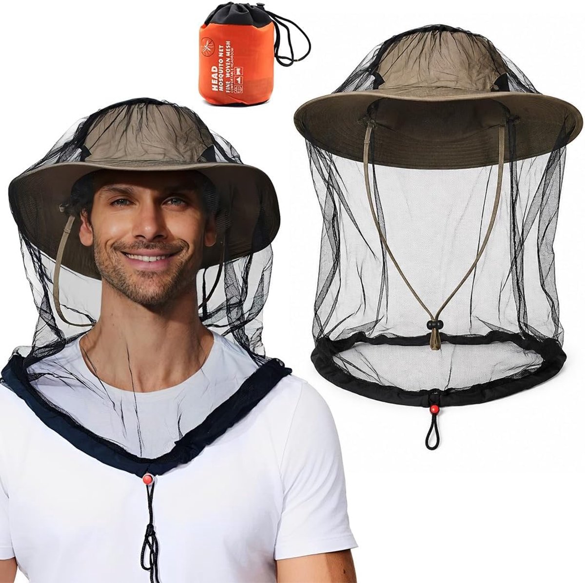 2 stuks muggennethoed, fijnmazig, oranje, 50 x 50 cm, polyester, voor kamperen, vissen, tuin, wandelen, met draagbare - ShopVlot