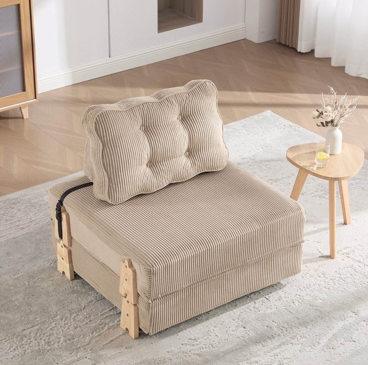 FloraGrace Fauteuil - 1-Zits Klapfauteuil en Slaapstoel - Corduroy, Houten Onderstel en Kussen - Voor Woonkamer, Slaapkamer en Studentenwoning - Khaki