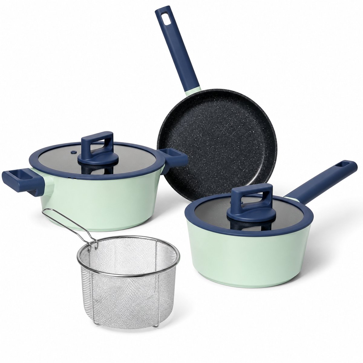 Pannenset Inductie 6-delig – Kookpan, Steelpan en Koekenpan – Antiaanbaklaag – Glazen Deksels en Frituurmand – Mintgroen