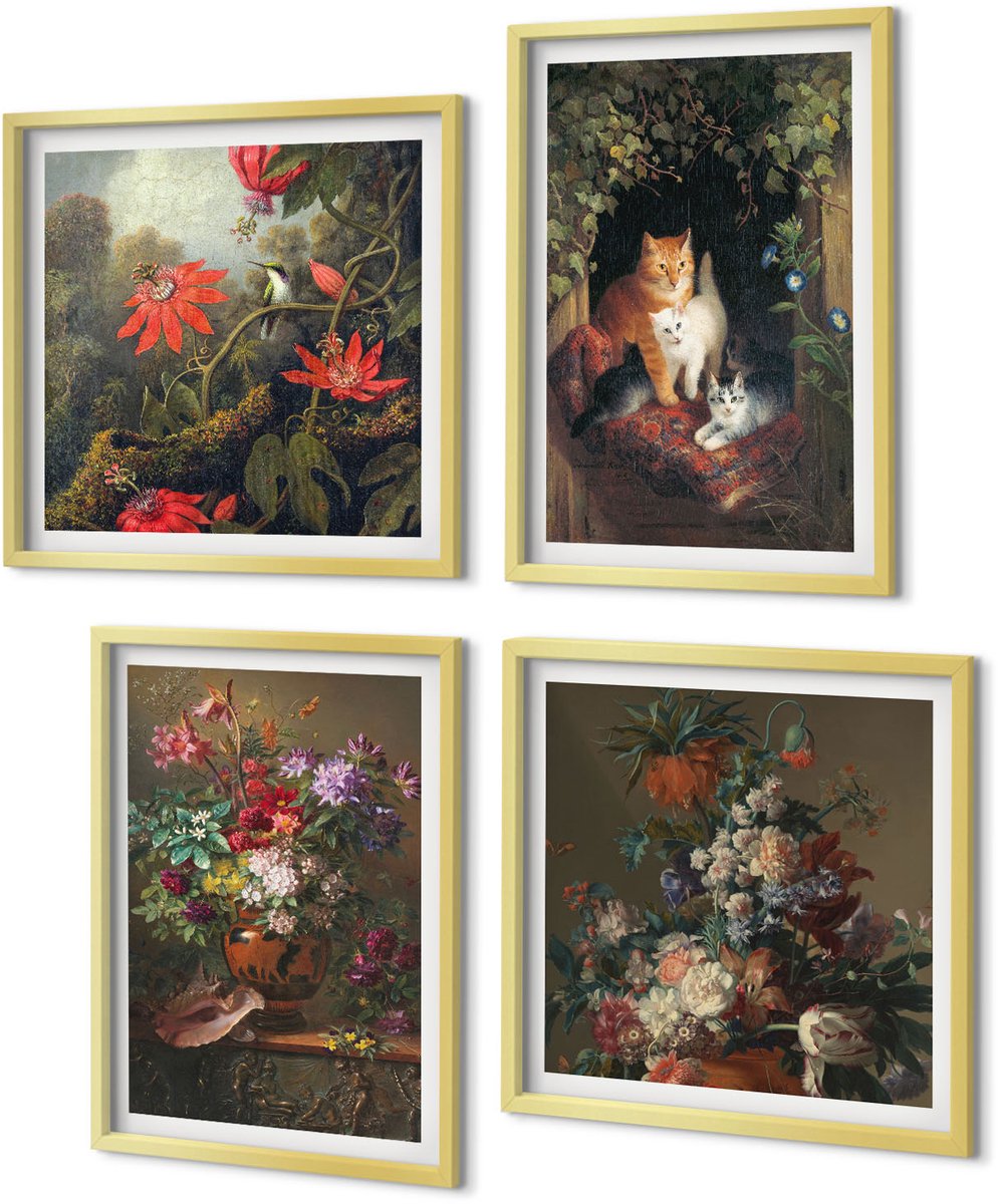 Coloray 4-Delige Schilderij Set - Vintage bloemen, katten en planten in de natuur - 40 x 40 cm en 40 x 60 cm - Wanddecoratie - Woonkamer Decoratie - Moderne Wanddecoratie