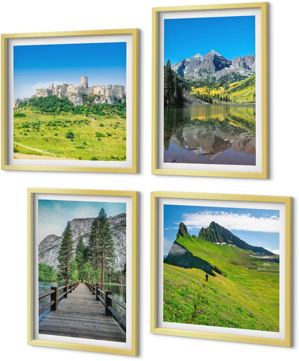 Coloray 4-Delige Schilderij Set - Groene heuvels met een kasteel en berglandschappen - 40 x 40 cm en 40 x 60 cm - Wanddecoratie - Muurdecoratie - Woonkamer