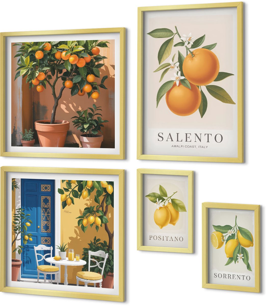 Coloray 5-Delige Schilderij Set - Fruitinspiratie Uit Italië In Provençaalse En Rustieke Stijl - 50 x 50 cm, 20 x 30 cm En 40 x 60 cm - Stijlvolle Muurdecoratie - Slaapkamer - Moderne Wanddecoratie