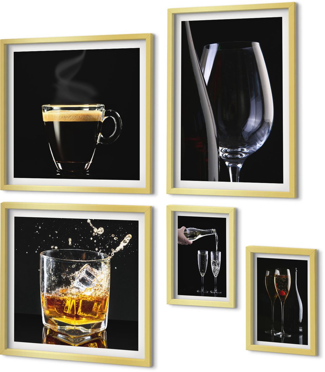 Coloray 5-Delige Schilderij Set - Cocktails En Drankjes In Een Elegante Barstijl. - 50 x 50 cm, 20 x 30 cm En 40 x 60 cm - Muurdecoratie - Wanddecoratie - Slaapkamer - Stijlvolle Muurdecoratie
