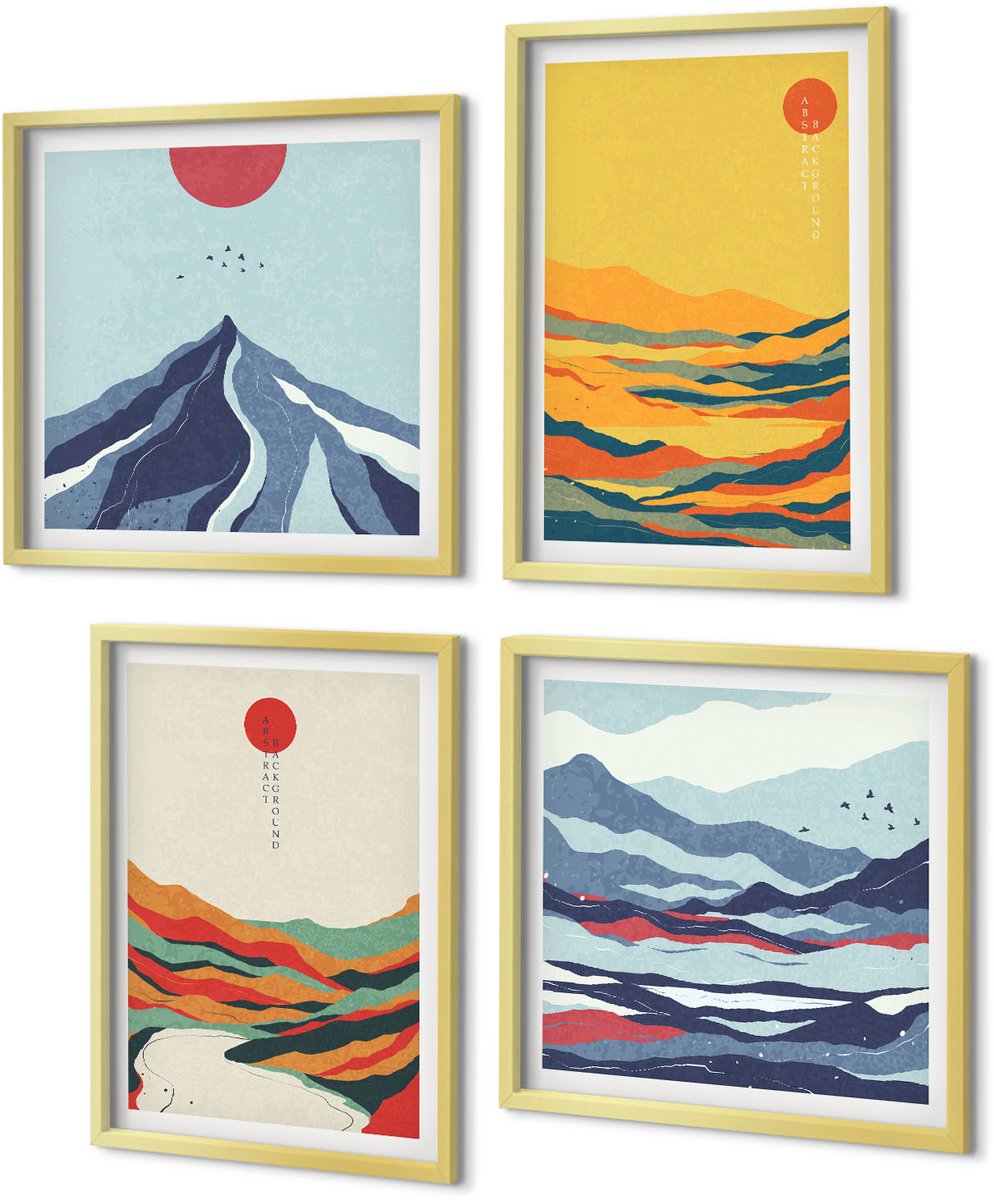 Coloray 4-Delige Schilderij Set - Kleurrijke abstracte berg- en rivierlandschappen - 40 x 40 cm en 40 x 60 cm - Muurdecoratie - Interieur Decoratie - Wanddecoratie