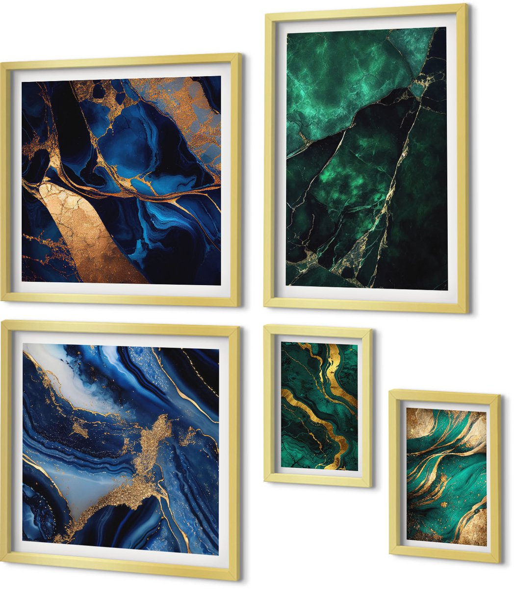 Coloray 5-Delige Schilderij Set - Elegante Abstracties In Tinten Groen En Blauw - 50 x 50 cm, 20 x 30 cm En 40 x 60 cm - Muurdecoratie - Decoratieve Schilderijen - Wohnzimmer - Stijlvolle Muurdecoratie