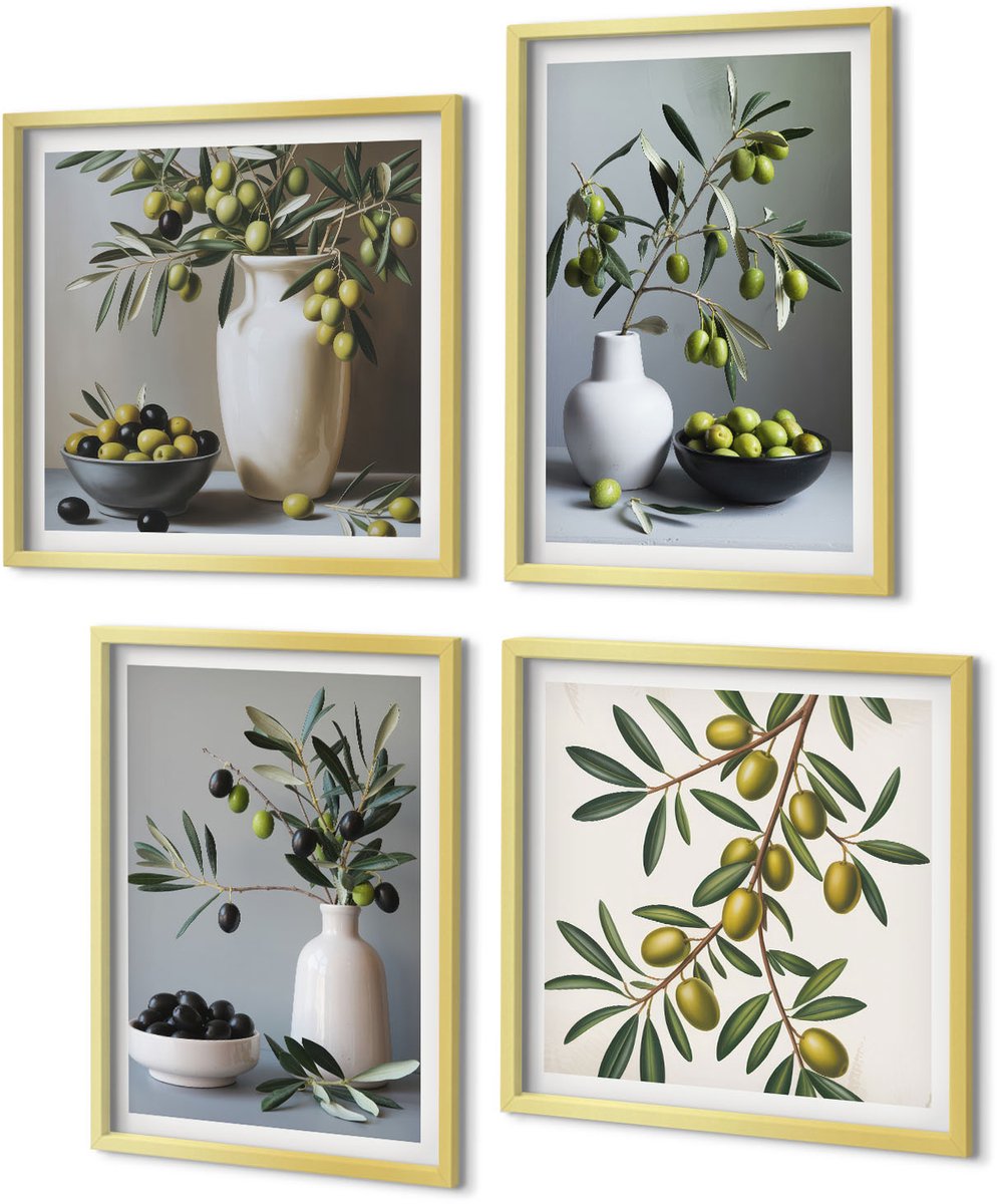 Coloray 4-Delige Schilderij Set - Olijven in vazen ​​tegen een achtergrond van gedempte kleuren. - 40 x 40 cm en 40 x 60 cm - Muurdecoratie - Wanddecoratie - Hal - Moderne Wanddecoratie