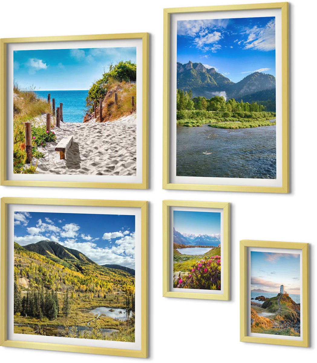 Coloray 5-Delige Schilderij Set - Natuurlandschappen Met Uitzicht Op Bergen En Stranden - 50 x 50 cm, 20 x 30 cm En 40 x 60 cm - Muurdecoratie - Decoratieve Schilderijen - Wohnzimmer - Woonkamer Decoratie