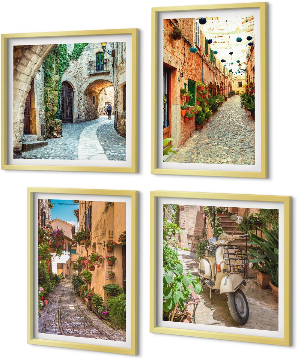 Coloray 4-Delige Schilderij Set - Sfeervolle straatjes met bloemen in een Italiaanse ambiance. - 40 x 40 cm en 40 x 60 cm - Muurdecoratie - Schilderijen Set - Woonkamer - Interieur Decoratie