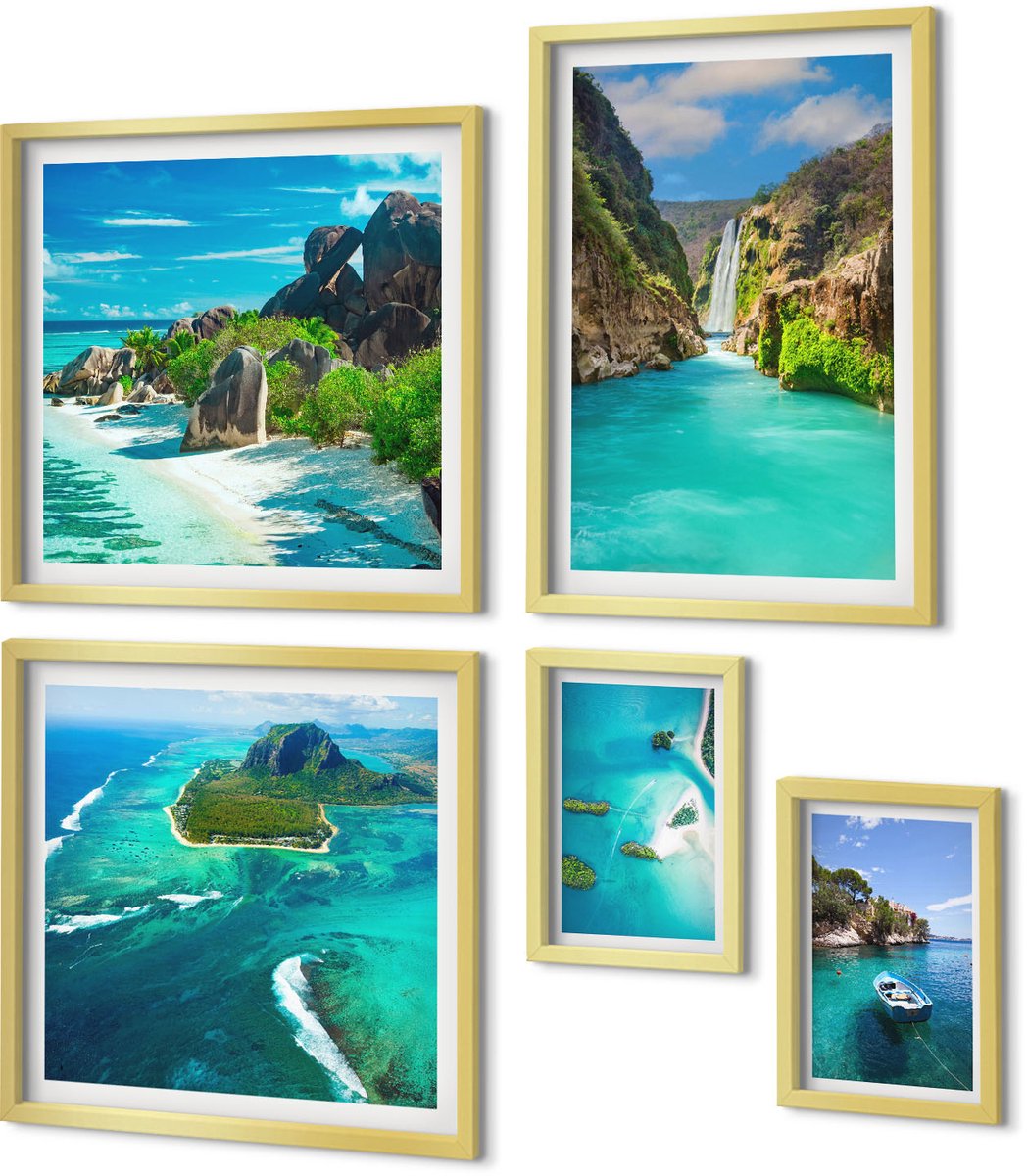 Coloray 5-Delige Schilderij Set - Tropische Landschappen Met Watervallen En Paradijselijke Stranden - 50 x 50 cm, 20 x 30 cm En 40 x 60 cm - Wanddecoratie - Schilderijen Set - Interieur - Muurdecoratie