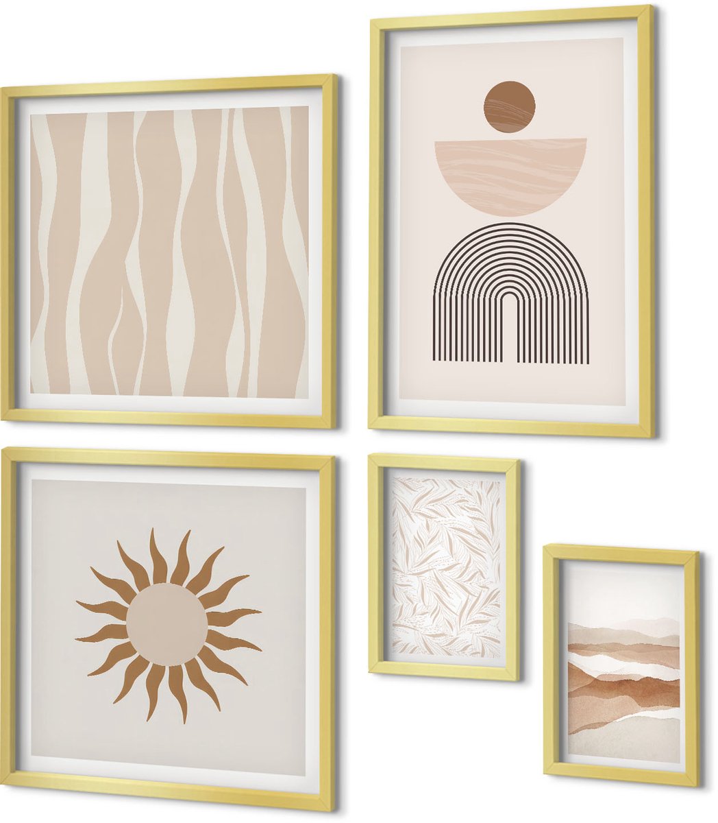 Coloray 5-Delige Schilderij Set - Stijlvolle Abstracte Vormen In Natuurlijke Tinten. - 50 x 50 cm, 20 x 30 cm En 40 x 60 cm - Wanddecoratie - Schilderijen Set - Interieur - Stijlvolle Muurdecoratie