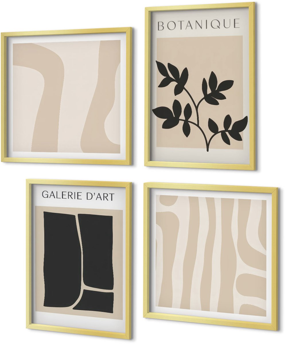 Coloray 4-Delige Schilderij Set - Abstracte vormen en plantmotieven in neutrale tinten. - 40 x 40 cm en 40 x 60 cm - Muurdecoratie - Wanddecoratie - Hal - Woonkamer Decoratie