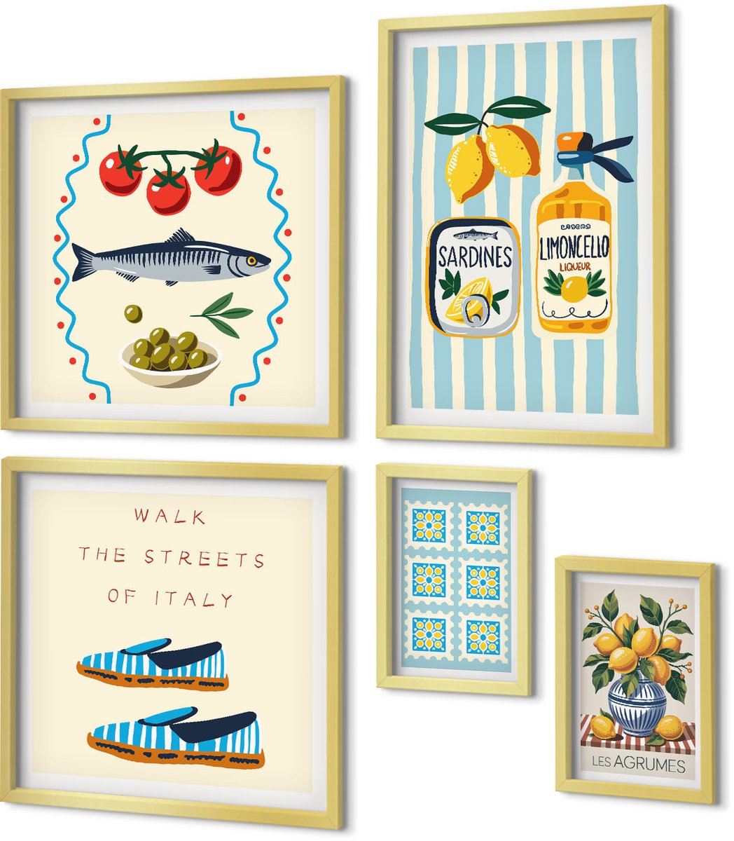 Coloray 5-Delige Schilderij Set - Keukeninspiratie Uit Italië: Citrusvruchten En Zeevruchten - 50 x 50 cm, 20 x 30 cm En 40 x 60 cm - Stijlvolle Muurdecoratie - Kantoor