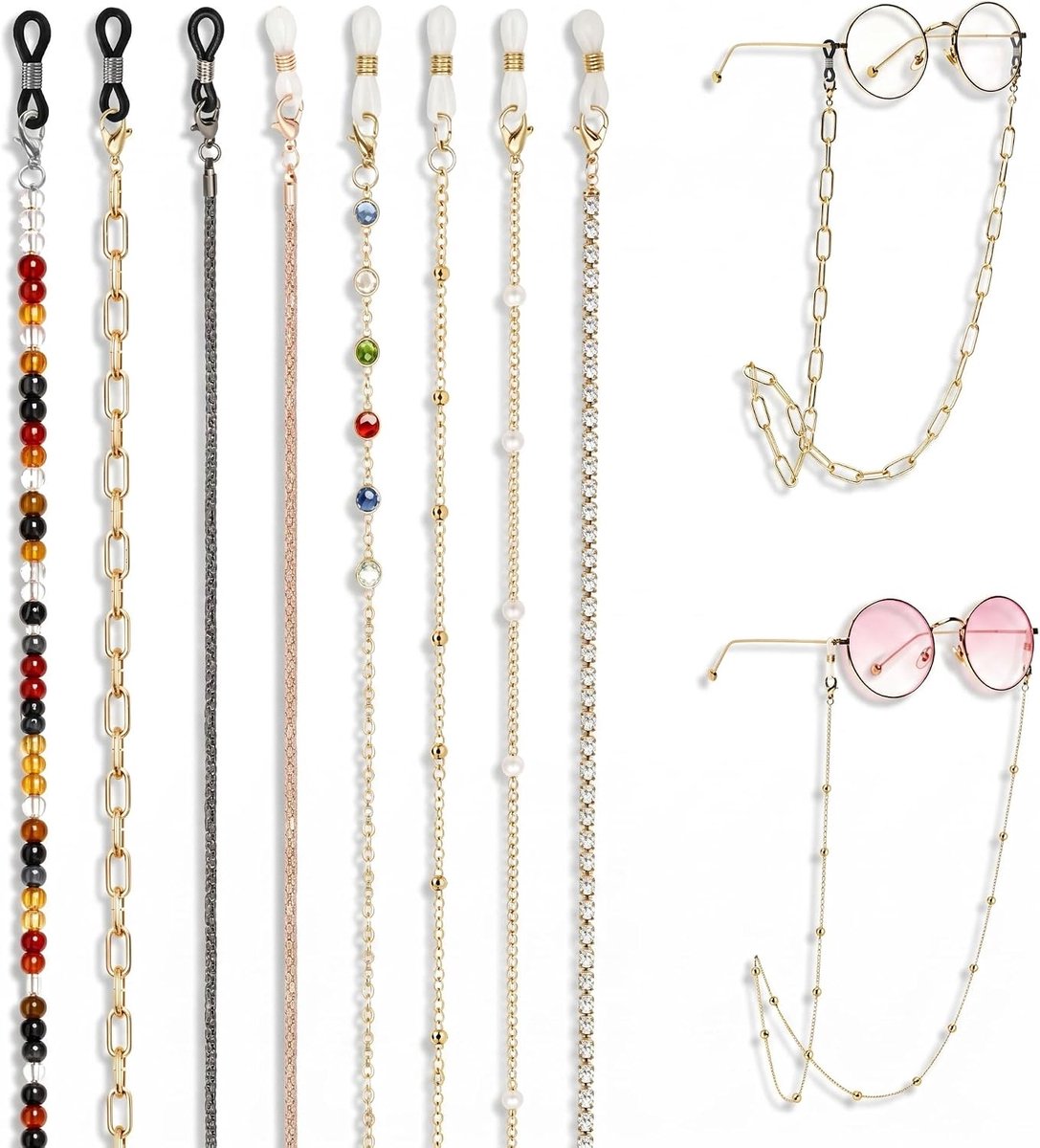 8 Pieces Women's Glasses Chain Gold Crystal Beads Sunglasses Chain Adjustable Glasses Strap and Metal Glasses Holder - ShopVlot