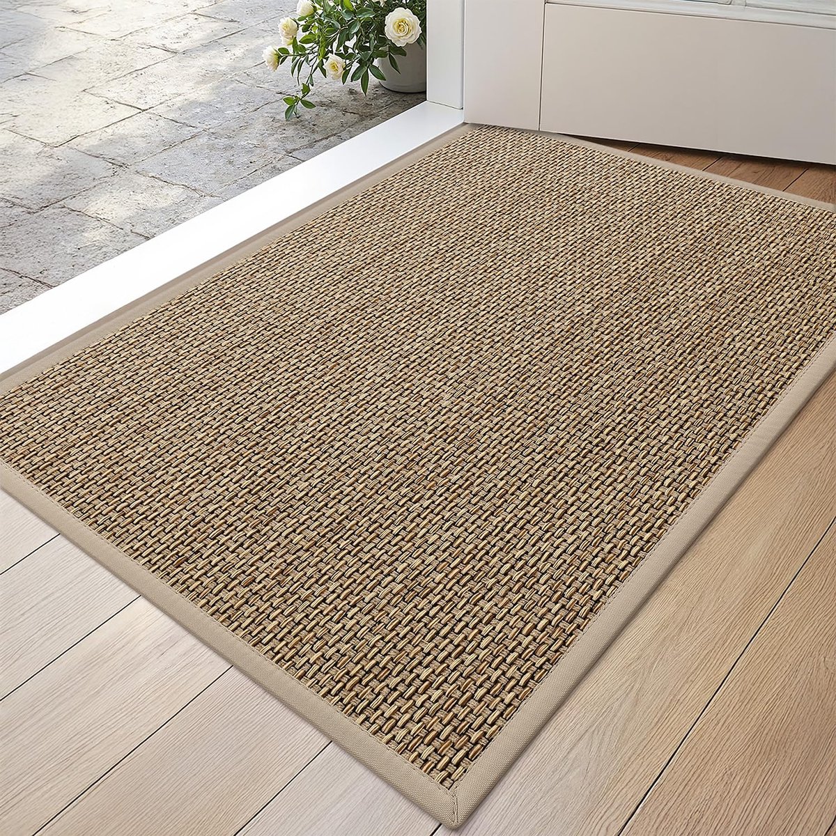 Famanu Deurmat 43 x 76 cm, antislip vuilopvangende deurmat voor binnen met rubberen achterkant, onopvallende entreemat in beige