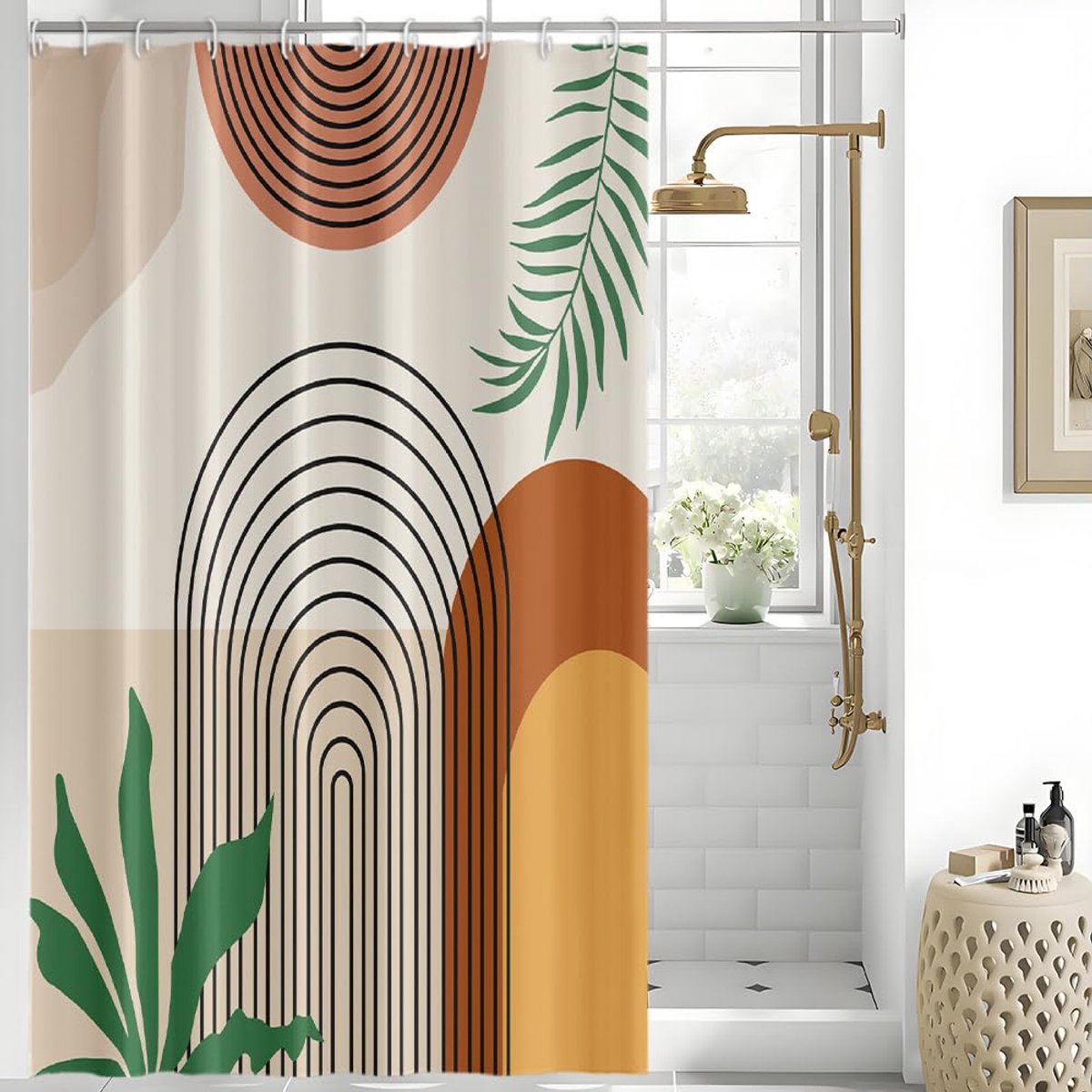 Uiiooazy Douchegordijn, abstract, boho, midden van de eeuw, zon, bogen, geometrisch motief, strepen, anti-schimmel - ShopVlot