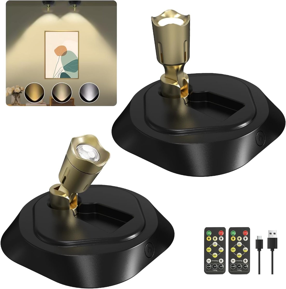 KZQ Set van 2 LED-spot - Sfeerverlichting - Wandlamp - Met afstandsbediening - Instelbare helderheid - Timer - Oplaadbaar - 3 kleurtemperaturen - Zwart