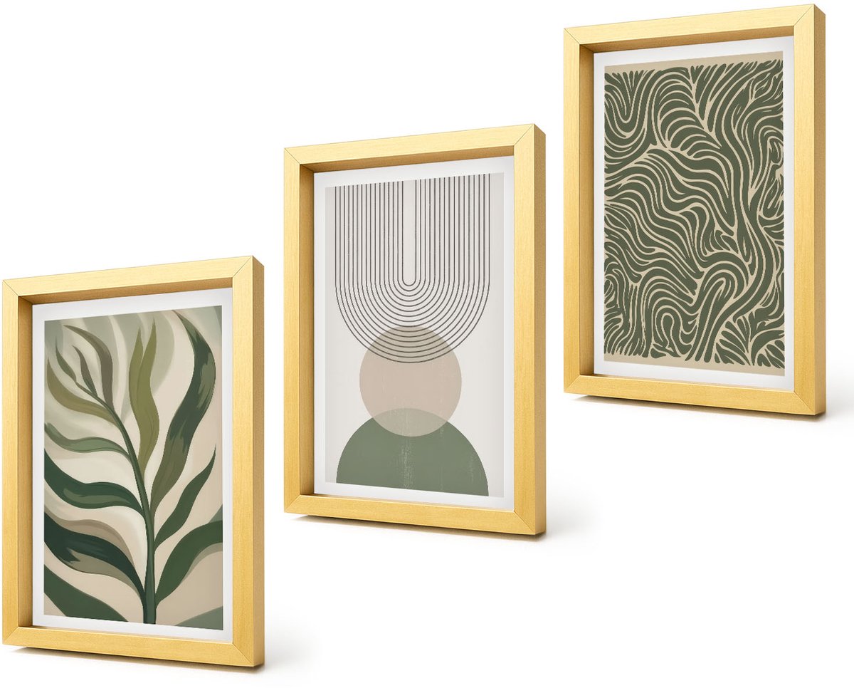 Coloray 4-Delige Schilderij Set - Abstracte bladeren en geometrische vormen - 20 x 30 cm - Moderne Wanddecoratie - Woonkamer