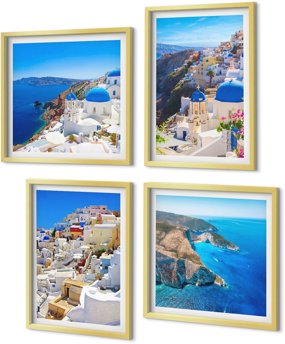 Coloray 4-Delige Schilderij Set - Landschapsarchitectuur en uitzichten op de stad Oia op Santorini, Griekenland - 40 x 40 cm en 40 x 60 cm - Stijlvolle Muurdecoratie - Kantoor