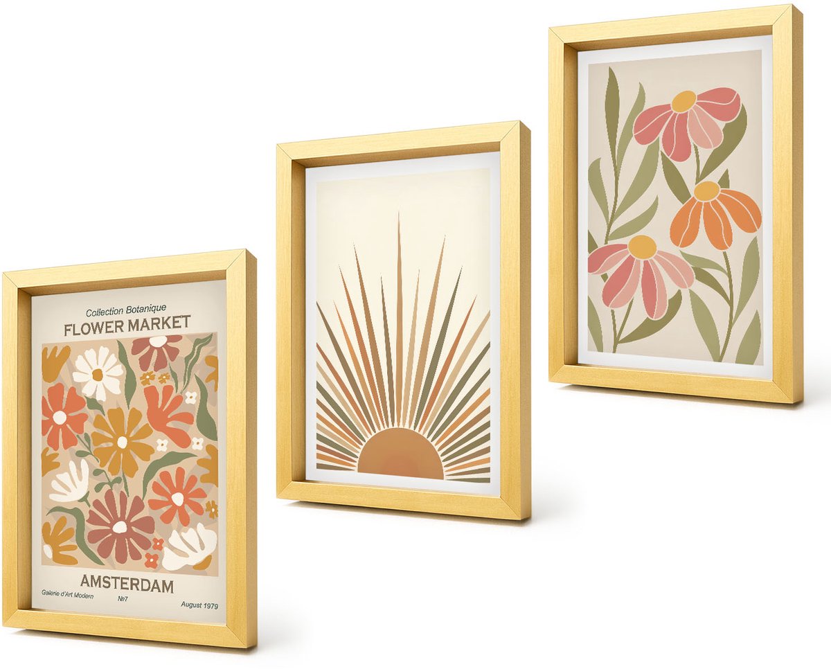 Coloray 4-Delige Schilderij Set - Bloemen in pastelkleuren met zonnestralen - 20 x 30 cm - Stijlvolle Muurdecoratie - Kantoor - Decoratieve Schilderijen