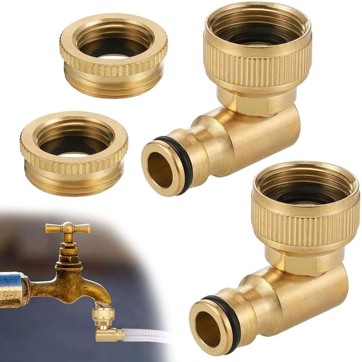 Kraan opzetstuk tuinslang - Messing - 1/2 en 3/4 - 90° Hoek Slangaansluiting met 360° Draaibare Connector - Voor Tuin en Waterleiding