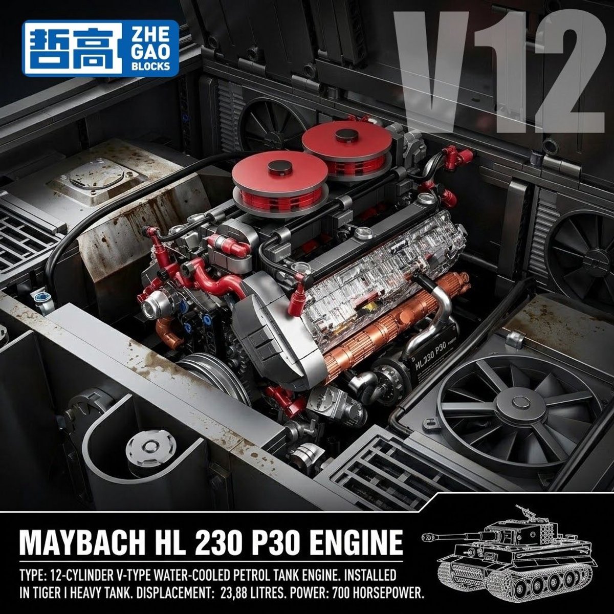 Zhe Gao 95008 Tiger tank speed engine bouwset | World of wars champions icons modelbouw | Leger speelgoed ideas voor expert volwassenen & kinderen | Engine star bouwpakket | Motor niet geschikt voor Lego technic | Bouwdoos met 1236 bouwstenen — afbeelding 2