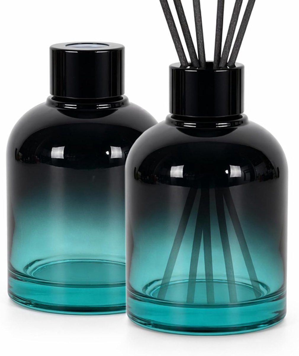 Glazen diffuserfles, leeg, 150 ml, 2 stuks, ombre glas, navulbaar, aromatherapie, diffuser, fles met zwart deksel - ShopVlot