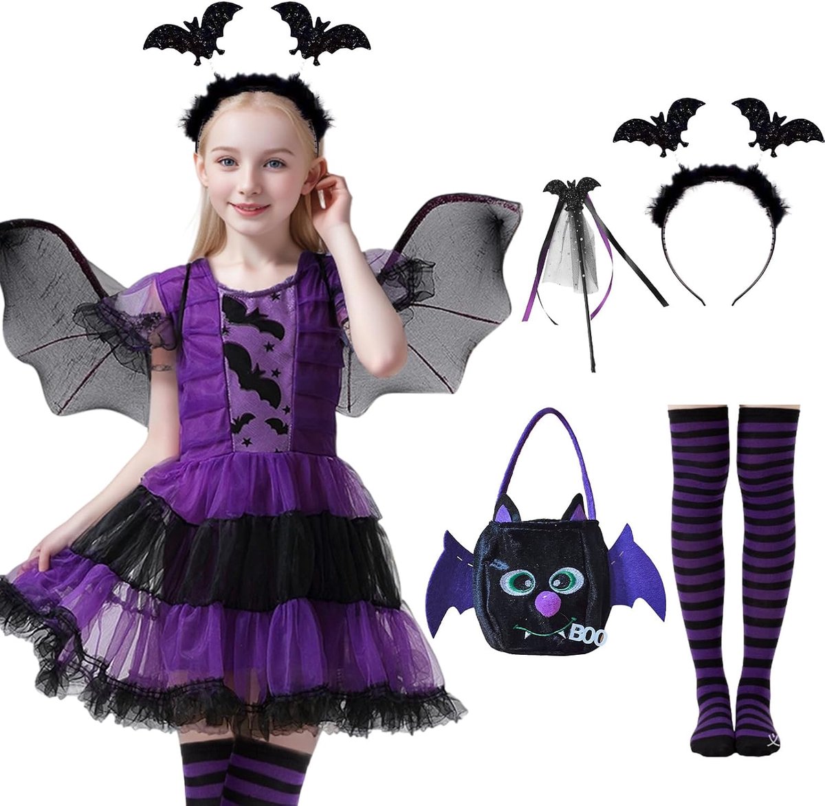 Bat Costume Kids Halloween Costume Bat Girls Purple Tutu Dress Bat Wings Headdress Handbag Magic Wand for Halloween - ShopVlot