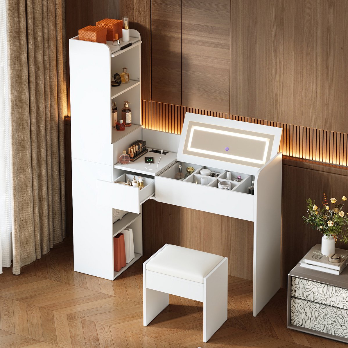 MIVRAY Kaptafel Met LED Spiegel En USB Ladefunctie Met Hocker En Opbergruimte Voor Slaapkamer En Kleedkamer Wit 131 X 40 X 160 Cm