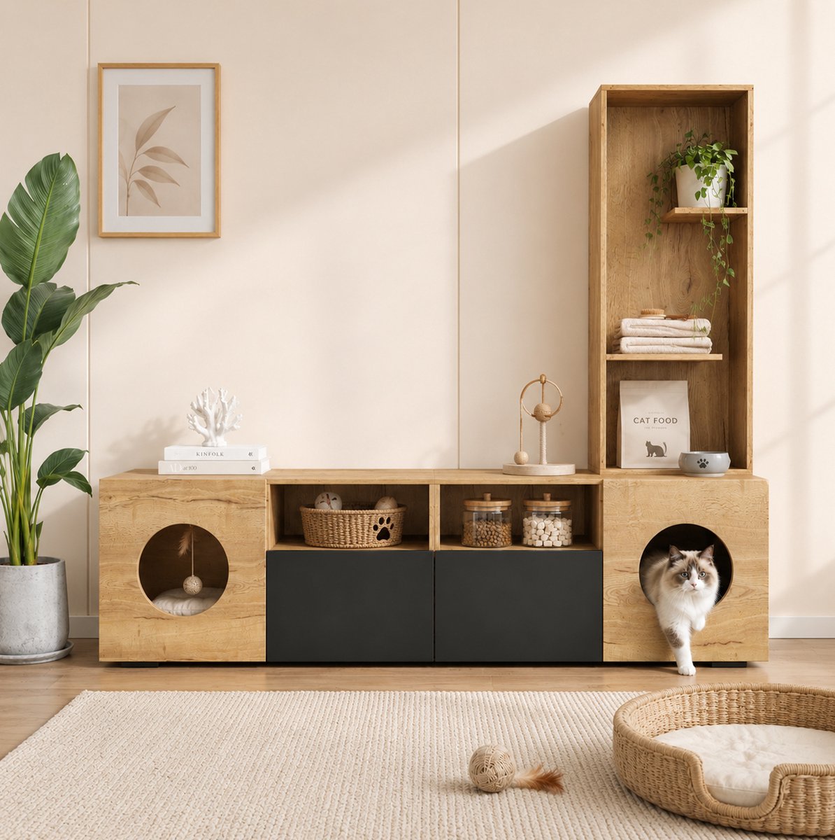 MIVRAY Tv Meubel Met Kattenruimte En Open Vakken - Modern Dressoir Met Hoog Rek En Deuren - Zwart Natuurhout - 185x40x162 Cm