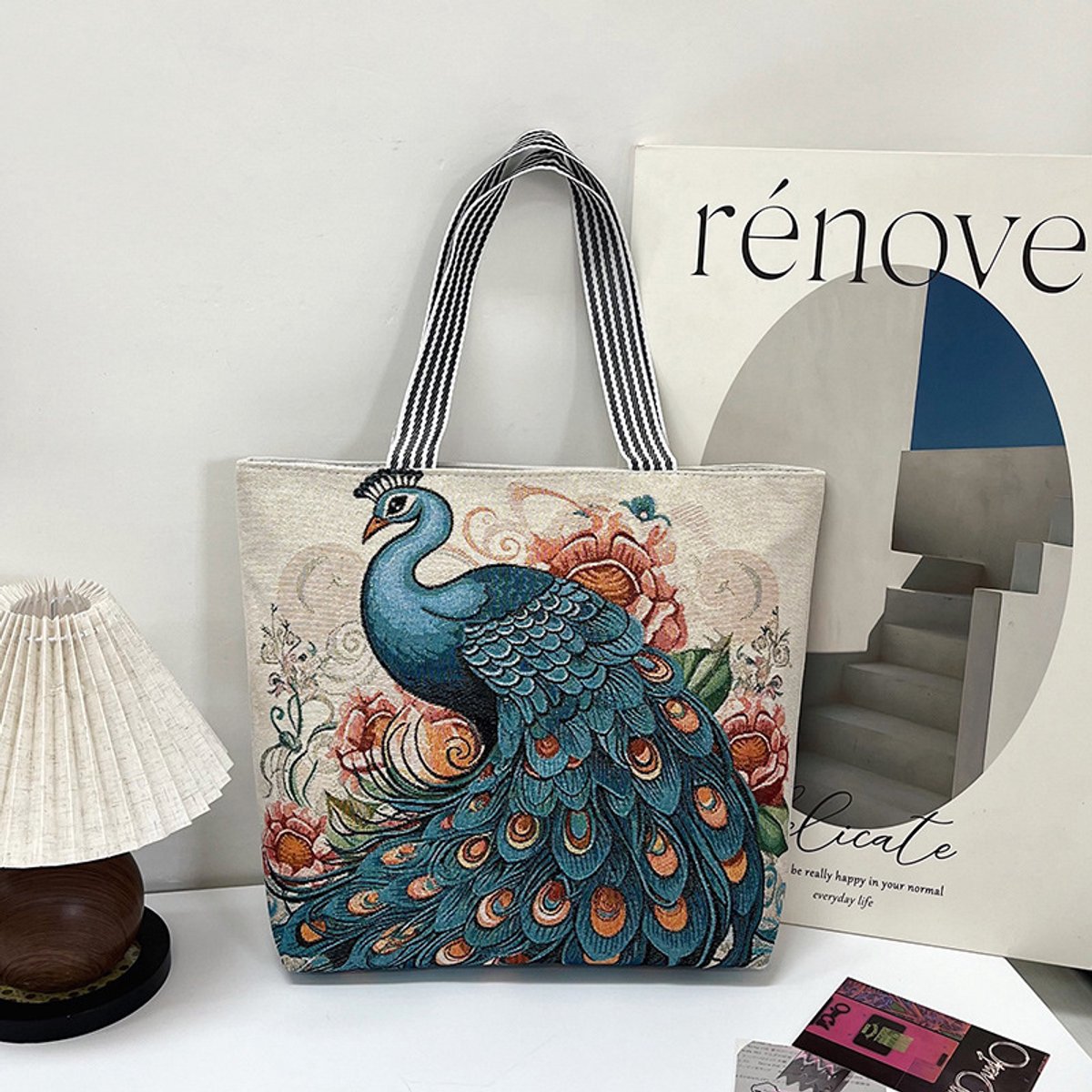 Canvas dames tote tas - 3D geborduurde vlinders - groot formaat - afmetingen 44 x 37 x 9 cm-Pioenroospauw