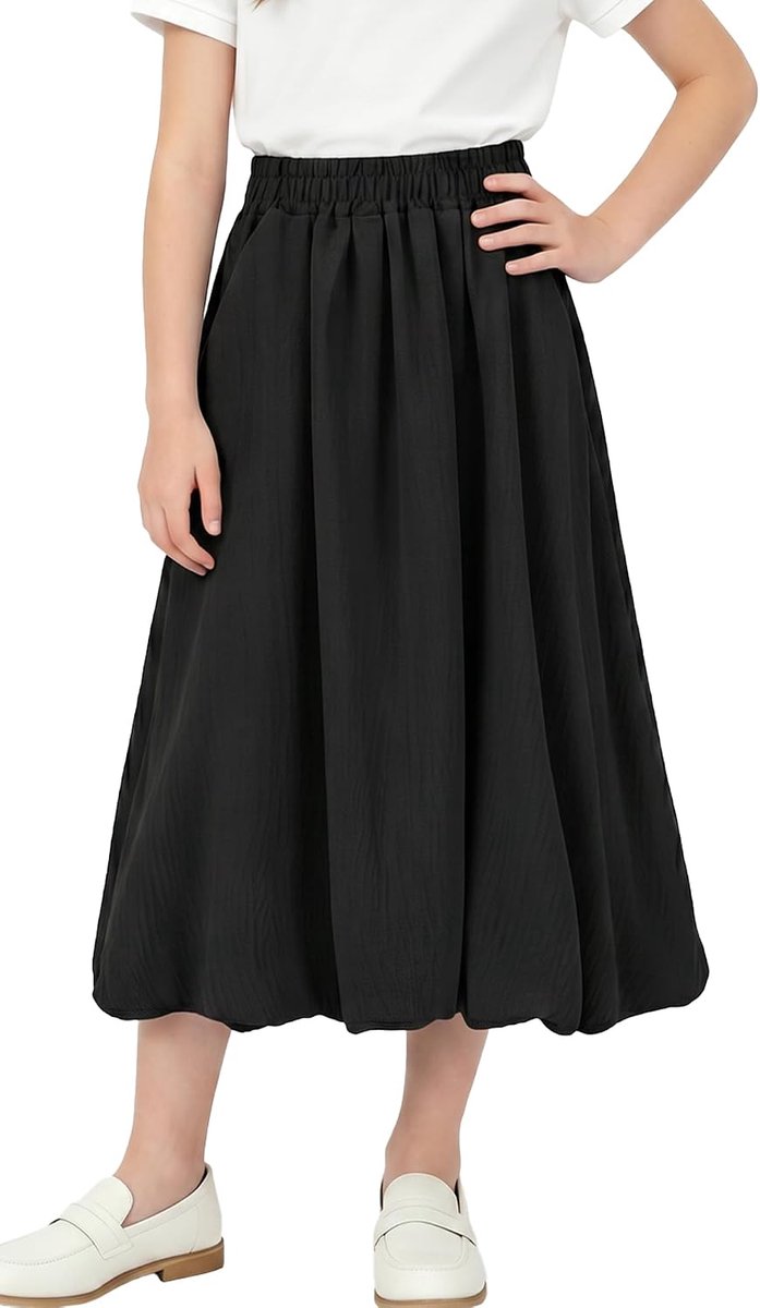 SEAUR Girls Long Skirt with Pockets Elastic Waist A-line Casual Skirt Kids Teenager Cute Bubble Hem for School Party - ShopVlot