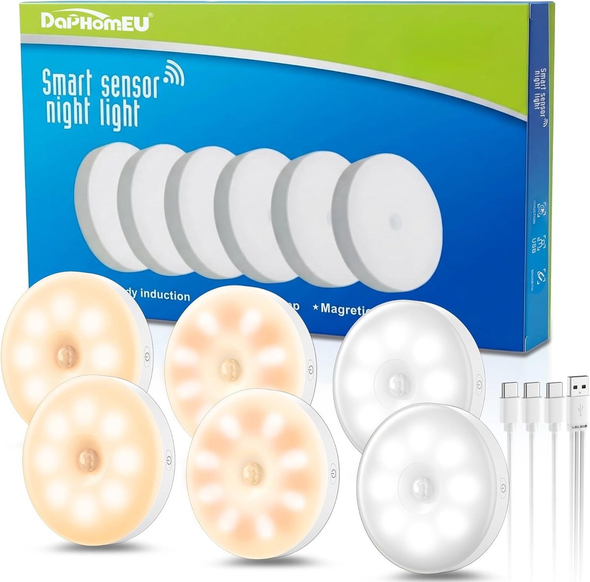 Sensor lampjes met bewegingsmelder - Wit - 6 stuks - Oplaadbare USB LED Nachtlampjes - Voor Binnengebruik