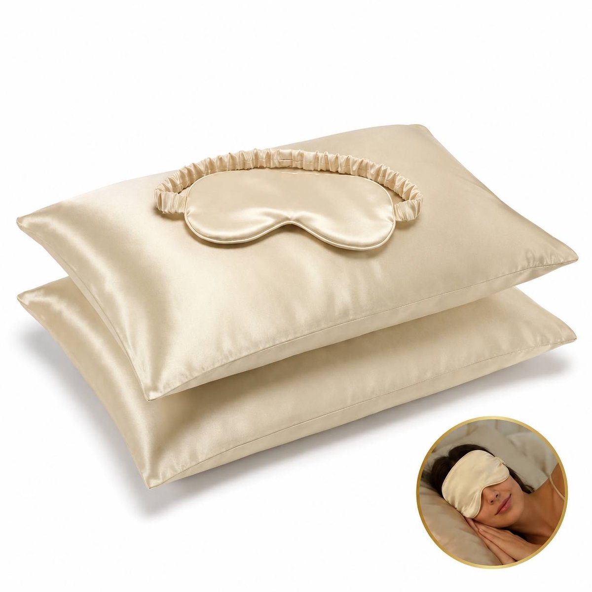 DIVERZA Satijnen Kussenslopen Set – Inclusief Slaapmasker – 60x70cm – Zacht voor Haar & Huid – Hypoallergeen – Champagne Goud