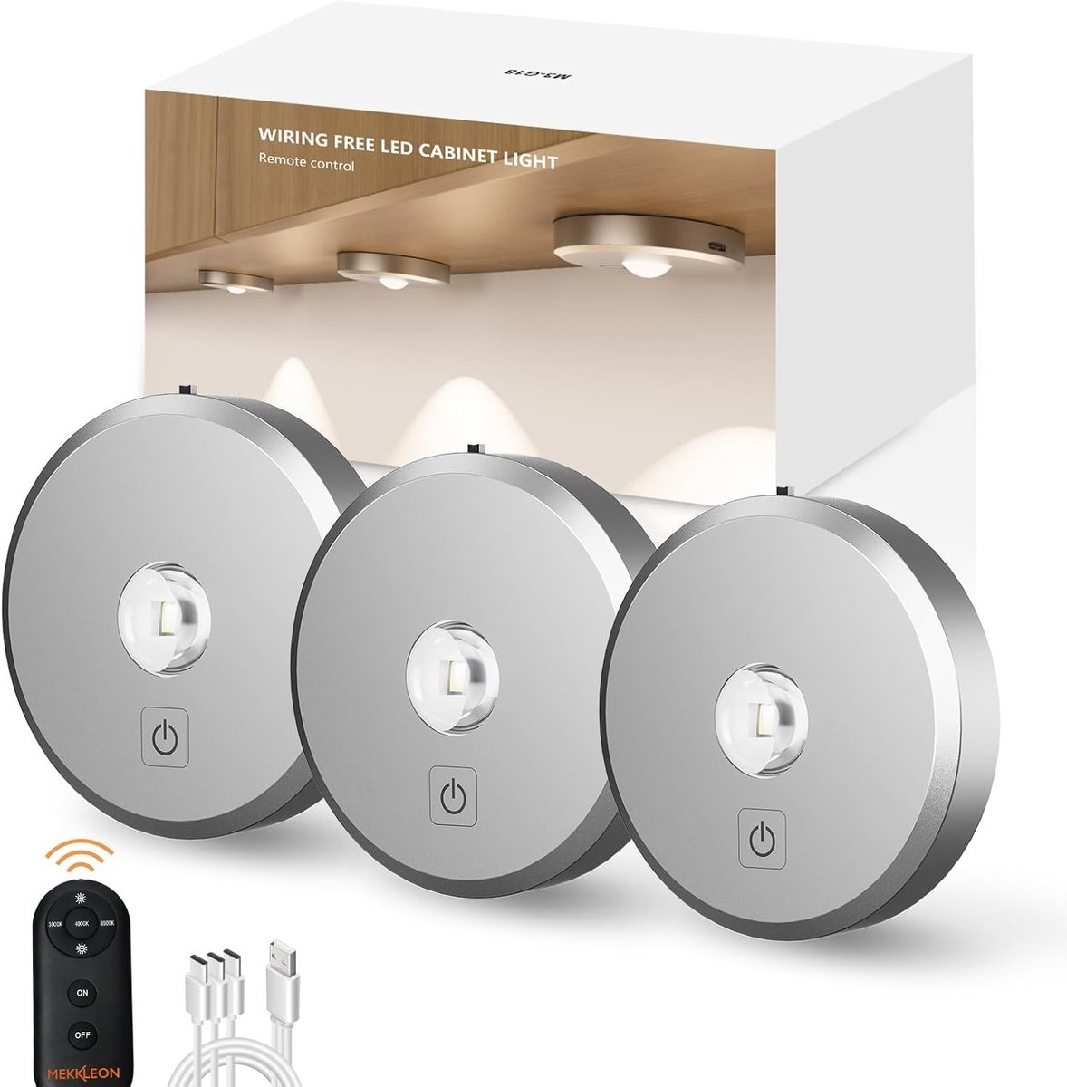 Schilderijlampje draadloos - Zilver - 3 stuks - Oplaadbare LED Puck-verlichting met Afstandsbediening - Voor Kast en Keuken