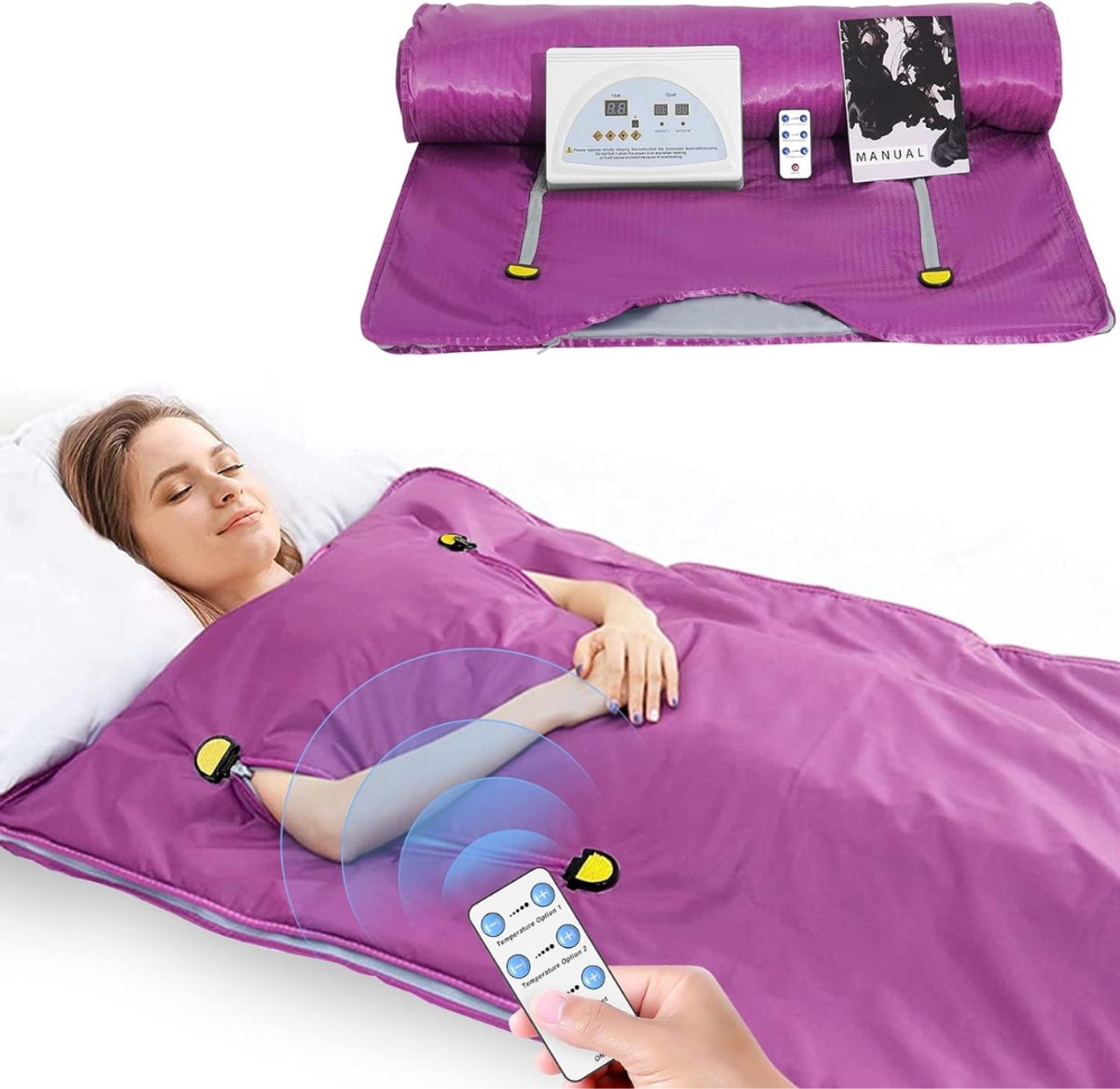 QUOVO® Professionele Infrarood Deken - tot 80° - 180x80cm - Infrarooddeken - Afstandsbediening - Infraroodtherapie - Fibromyalgie - Warmte Deken - Pijnverlichting - Elektrische Deken - Sauna Deken - Paars - 180cm x 40cm x 5cm