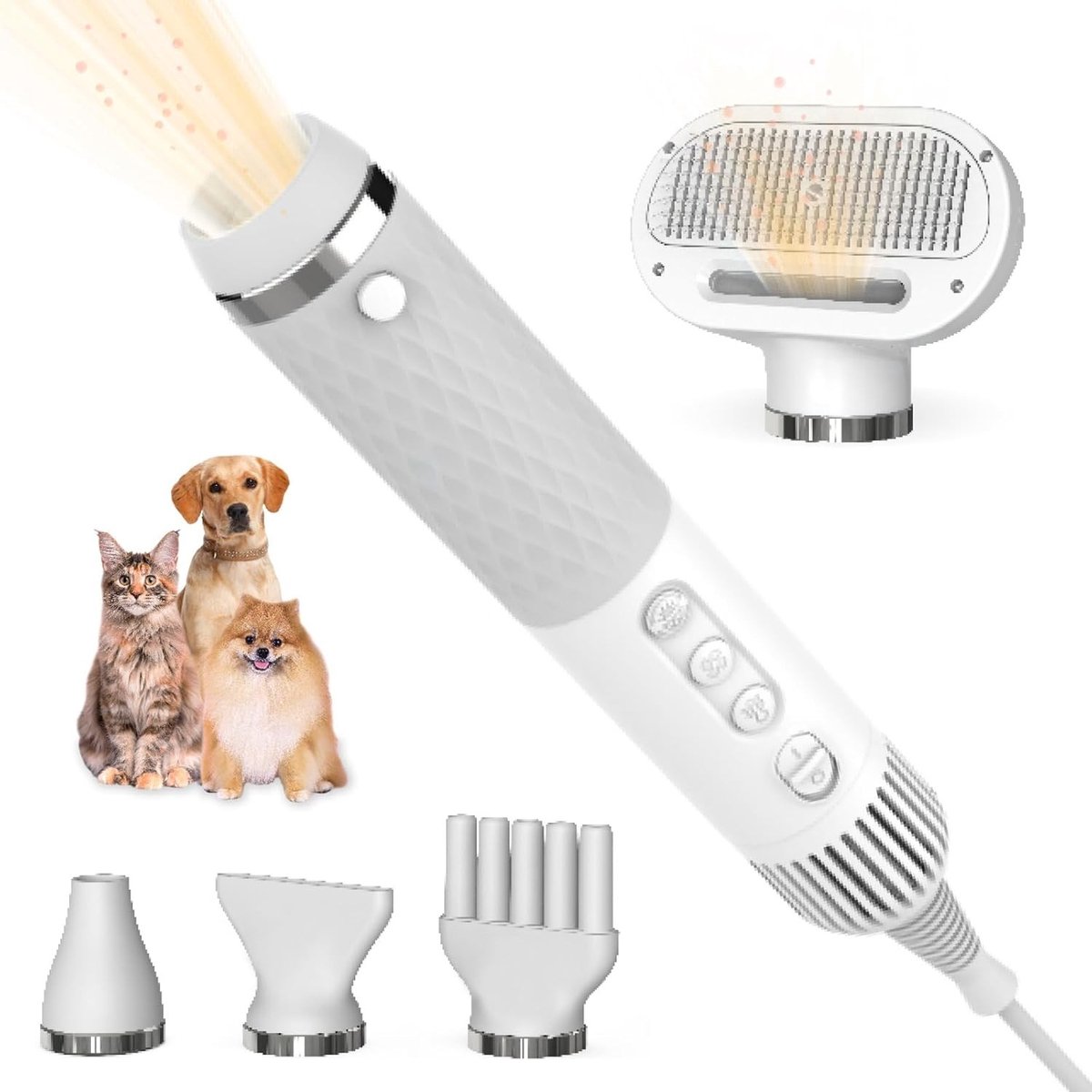 Tondeuse katten langhaar - Wit - 5-in-1 Dierverzorgingsset met Temperatuurregeling en Negatieve Ionentechnologie - Voor Honden en Katten