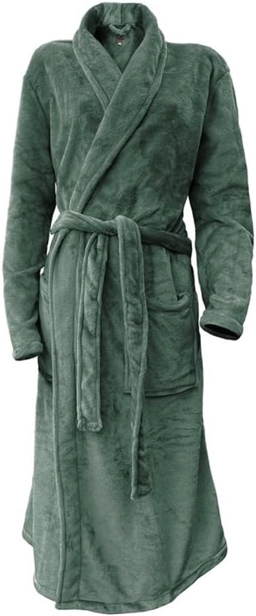 Flannel Fleece Bathrobe Uni - olive green - M, green, L - ShopVlot