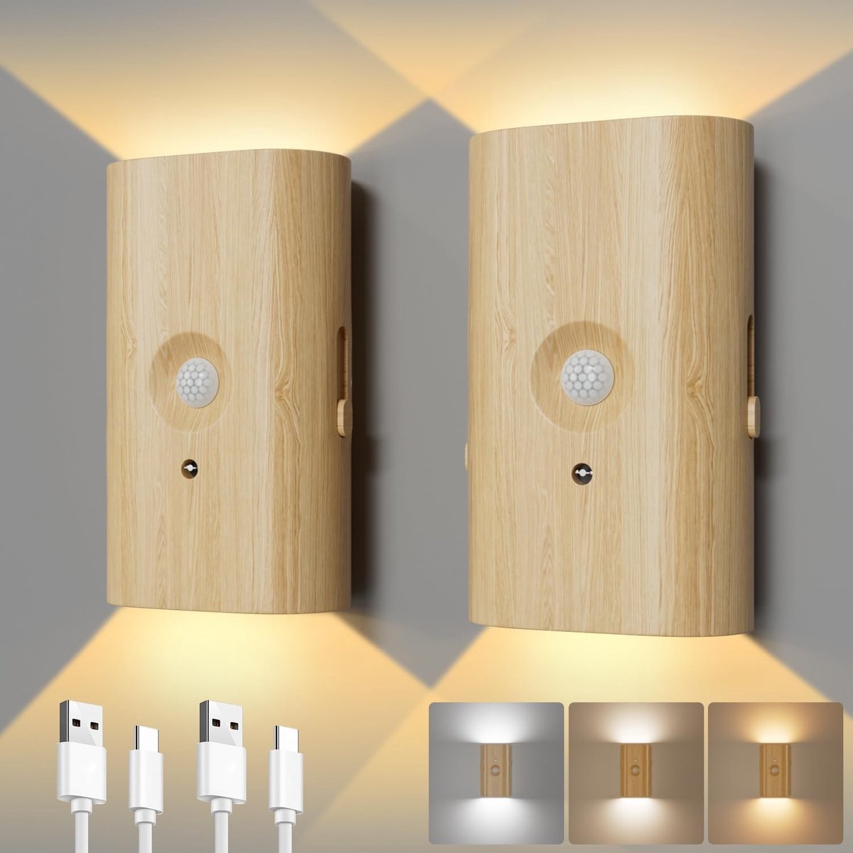 Schilderijlampje draadloos - Hout - Set van 2 - Led Wandlamp met Bewegingssensor en Oplaadbare Batterij - Voor Sfeerverlichting