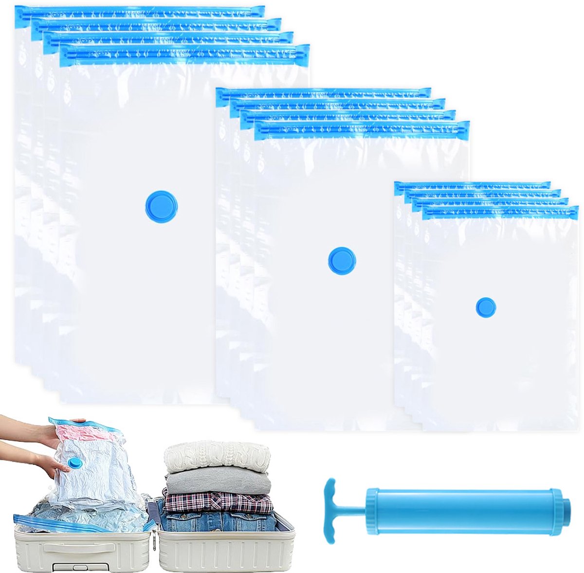 Vacuümzakken Set met Handpomp - Vacuüm Opbergzakken - Compressiezakken - 3 Maten - Dubbele Ritssluiting - Vochtbestendig & Stofbestendig - PA-PE Dik Materiaal - Ruimtebesparend - Kledingzakken - Voor Kleding & Beddengoed - Thuis & Reis
