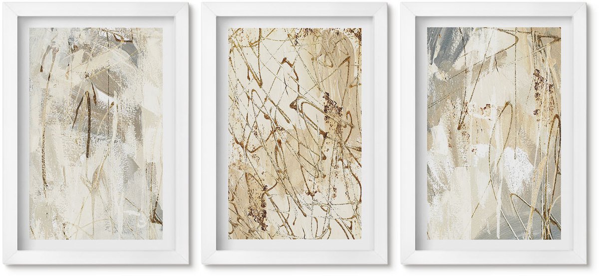 Wallfluent 3-Delige Schilderij Set - Abstracte Patronen In Beige En Grijze Tinten. - 20 x 30 - Muurdecoratie - Wanddecoratie - Hal - Interieur Decoratie