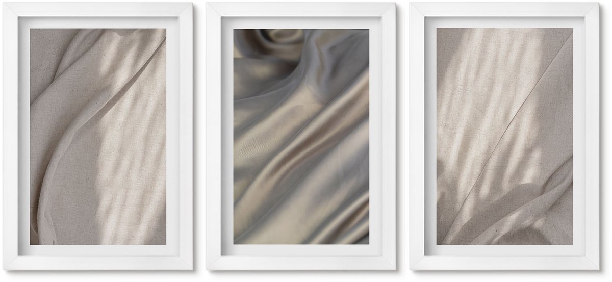 Wallfluent 3-Delige Schilderij Set - Natuurlijke Textielstructuren Van Dichtbij - Boho - 20 x 30 - Wanddecoratie - Schilderijen Set - Interieur - Decoratieve Schilderijen