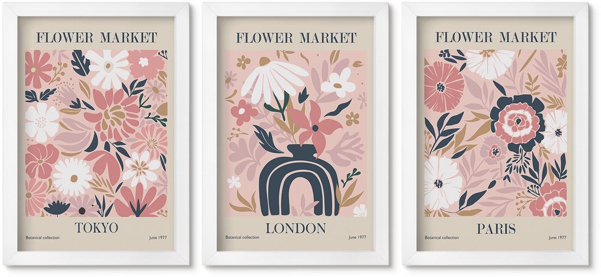 Wallfluent 3-Delige Schilderij Set - Bloemmotieven In Tokio, Londen En Parijs - 20 x 30 - Wanddecoratie - Woonkamer Decoratie