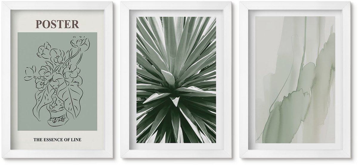 Wallfluent 3-Delige Schilderij Set - Plantenpatronen In Tinten Groen En Beige - 20 x 30 - Muurdecoratie - Wanddecoratie - Slaapkamer